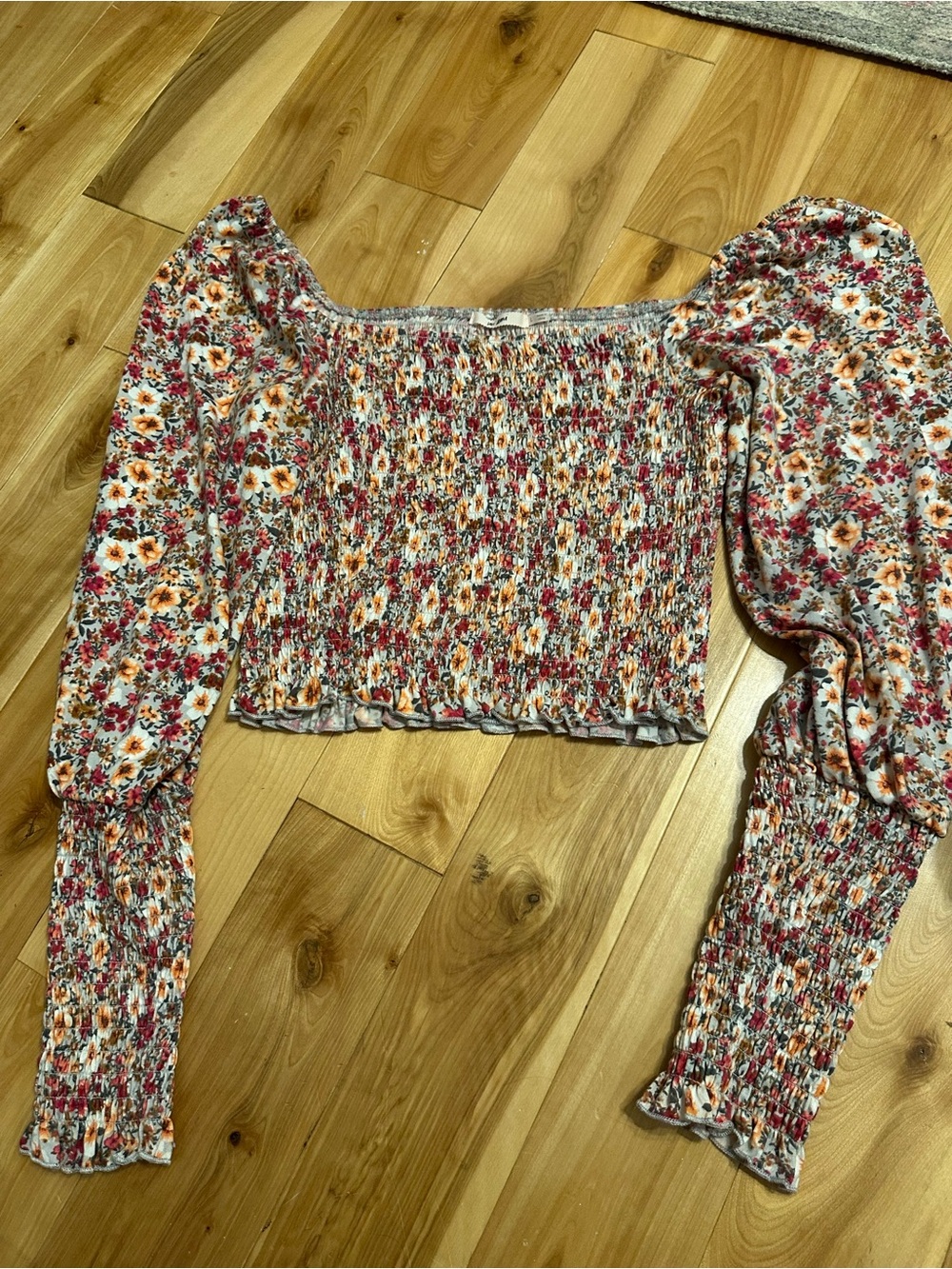 miami Floral Smocked Puff-Sleeve Crop Top - Pink, Orange